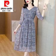 皮爾卡丹（pierre cardin）雪紡連衣裙女夏2025年新款氣質洋氣收腰顯瘦新款碎花潮流連衣裙 灰藍色 XL 建議111-125斤