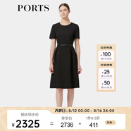 PORTS寶姿春季新品女裝優(yōu)雅純色通勤腰帶裝飾束腰短袖連衣裙 黑色-1 M (6)