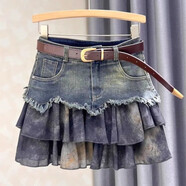 苜戈辣妹風(fēng)拼接網(wǎng)紗牛仔半身裙女夏季裙子高腰小個(gè)子蓬蓬裙a字包臀裙 藍色 【面料】 S 85斤-95斤