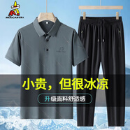 稻草人父親節禮物冰絲休閑套裝男士夏季透氣Polo衫速干短袖爸爸裝兩件套 灰色兩件套-【面料升級】 M