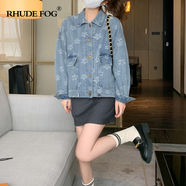 RHUDE FOG品牌女裝復古花朵牛仔短外套女2025春秋新款寬松翻領(lǐng)韓版精致別致 淺藍 M
