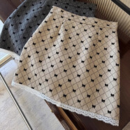 RWNNVI蝴蝶結西裝短裙2025復古半身裙女蕾絲花邊拼接包臀豎條紋顯瘦裙子 卡其 (自帶安全褲) L 105-115斤