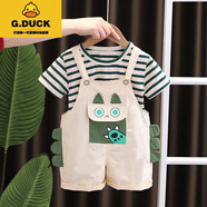 G.DUCKKIDS1~3歲小童時尚短袖背帶褲兩件套夏季寶寶套裝嬰幼兒潮流洋氣衣服 小熊格子襯衫背帶米色 90 建議身高80左右1-2歲