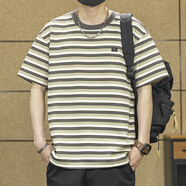依郎酷夏季薄款短袖t恤男2025新款港風(fēng)條紋百搭寬松大碼重磅半袖體恤潮 深灰色 【重磅260g】 M 【適合100-130斤】