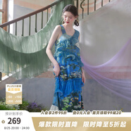 兩三事度假超仙的裙子女夏季紫色油畫藝術(shù)吊帶海邊連衣裙云霧睡蓮 藍(lán)色預(yù)售 M
