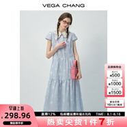VEGA CHANG短袖連衣裙女2025新款夏蕾絲領(lǐng)拼接條紋刺繡小個子甜美仙女裙 鳶尾蘭 L