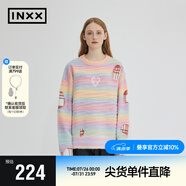 英克斯（inxx）ALLPICK 新品圓領(lǐng)套頭漸變彩色條紋毛衣情侶同款鏤空貼布繡針織衫 粉色 S