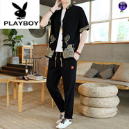 花花公子（PLAYBOY）純棉男套裝夏季短袖中國風休閑復古大碼開衫兩件套潮流男士唐.裝 黑色【高品質(zhì)】 2XL