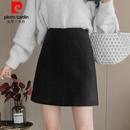 皮爾卡丹（pierre cardin）黑色半身裙女春夏a字短裙2025顯瘦小個(gè)子高腰西裝面料一步裙 大碼 黑色-秋冬 (毛呢料) XS