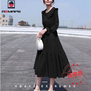 AEMAPE2025春夏季新款超好看長(zhǎng)裙女韓版氣質(zhì)收腰顯瘦雪紡紅色連衣裙 黑色長(zhǎng) 袖_有內(nèi)襯 S _75-99斤