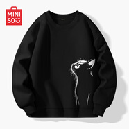 名創(chuàng)優(yōu)品（MINISO）衛(wèi)衣男春秋中國(guó)風(fēng)潮牌寬松百搭無帽長(zhǎng)袖男士秋冬款圓領(lǐng)休閑上衣服 黑(大仰望貓左下標(biāo)) 3XL (體重180-205斤左右)