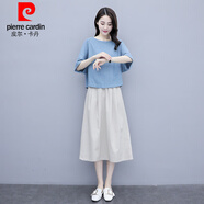 皮爾卡丹（pierre cardin）棉麻連衣裙女2025夏季新款顯瘦遮肚子兩件套裝亞麻氣質(zhì)流行裙子潮 藍(lán)色 上衣+米色裙子 S 建議80-105斤