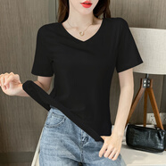 涵依婷白色t恤女短袖純棉體桖寬松半袖大碼夏裝低領(lǐng)打底衫設計感V領(lǐng)上衣 黑色 S 適合90斤以?xún)?
                                         title=