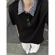 麥潮尚花灰色拼接格子polo衫男款夏季假兩件短袖T恤美式半截袖體恤 黑色 L
