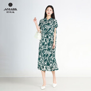 阿瑪施（AMASS）女裝斜肩公主裙常規(guī)寬松設(shè)計師短袖舒適連衣裙時尚裙子 550018 水波紋綠 L