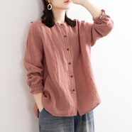 花嵐娜（HUALANNA）2025夏季棉麻襯衫女裝燈籠袖復古文藝上衣寬松顯瘦中袖襯衣女新款 暗粉色【長袖】 L 106-118斤內(nèi)