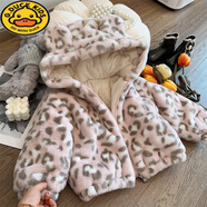 G.DUCKKIDS女童豹紋撞色外套2024冬季兒童加絨加厚保暖棉服寶寶夾棉毛絨棉衣 粉色豹紋加絨加厚連帽外套 90 適合90cm