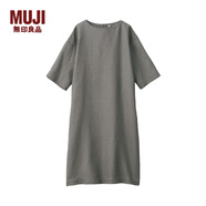 無(wú)印良品 MUJI 女式 法國(guó)亞麻水洗 七分袖連衣裙 卡其米色 XL