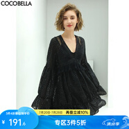COCOBELLA璀若星河優(yōu)雅提花亮片連衣裙V領娃娃裙FR88 黑色 S
