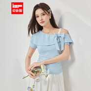 IEF/愛依服2025夏季新款法式溫柔小女人氣質(zhì)荷葉邊設計斜露肩上衣 藍 S