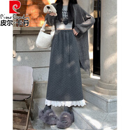 皮爾卡丹（pierre cardin）波點(diǎn)毛呢半身裙女秋冬松緊高腰顯瘦休閑百搭開(kāi)叉蕾絲a字包臀長(cháng)裙 灰色波點(diǎn) S