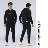 蝴蝶爆款球衣印字新款運動(dòng)服裝排球乒乓球服羽毛球服健身衛衣情侶款團購 黑色套裝 XL