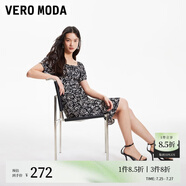 VEROMODA連衣裙2024早春新款雪紡玫瑰印花直筒泡泡短袖方領優(yōu)雅氣質通勤 E39森林灰色 165/84A/M
