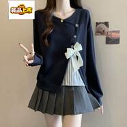 皮爾卡丹（pierre cardin）2025秋冬新款假兩件拼接條紋蝴蝶結衛衣胖MM大碼洋氣媽媽外套 深藍色 超好質(zhì)量版 L 100-120斤