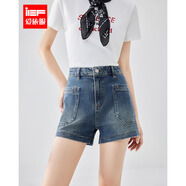 IEF/愛(ài)依服褲子2025夏季新款韓系風(fēng)通勤氣質(zhì)百搭高腰顯瘦牛仔短褲 牛仔深藍 XL