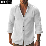 JEEP SPIRIT歐美棉麻白襯衫男感修身長(cháng)袖亞麻透氣防曬衣開(kāi)衫休閑工裝襯衣 白色 XL