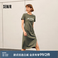 森馬（Semir）連衣裙女復(fù)古休閑中長(zhǎng)裙簡(jiǎn)約風(fēng)夏季小心機(jī)字母開叉T恤裙顯瘦 綠色調(diào)00344 M