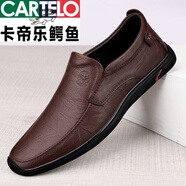 卡帝樂(lè )鱷魚(yú)新款眞皮休閑皮鞋黑色商務(wù)軟底一腳蹬小皮鞋男中年豆豆鞋 暗棕【8292】 38