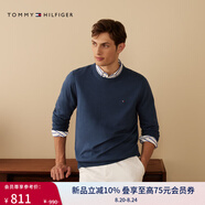TOMMY HILFIGER【柔軟純棉】25秋冬男撞色條紋學院風針織衫/情侶款純色毛衣 【簡約合身毛衣】深藍色DB5 L （推薦：150-165斤）