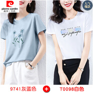 皮爾卡丹（pierre cardin）純藍(lán)色短t恤女裝寬松顯瘦半袖體恤夏裝2025年新款夏季上衣潮 Z-9741灰藍(lán)色+Z-T0098白色 M (建議80-105斤)
