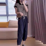 哈夫朵大碼女裝胖妹妹夏裝顯瘦套裝女微胖穿搭休閑時(shí)尚短袖t恤牛仔褲女 L304條紋上衣+牛仔褲 【套裝】 2XL 【建議130-145斤】