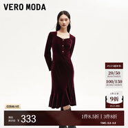 VEROMODA連衣裙2024秋季女裝新款天鵝絨拼接網(wǎng)紗魚(yú)尾長(zhǎng)裙鉆石領(lǐng)東方簡(jiǎn)奢風(fēng) 長(zhǎng)袖絲絨裙-威諾紅色 L