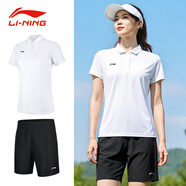 李寧（LI-NING）套裝女短袖跑步短袖t恤運動夏季戶外訓(xùn)練速干衣寬松大碼五分短袖 黑/白（速干polo套裝） M(平時穿L建議拍)
