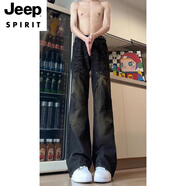 JEEP SPIRIT水洗美式vibe褲子男款高個(gè)子閃電紋彎刀微喇牛仔褲高腰提檔直筒褲 黑色【升級款】 M (適合) 100-115斤