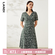 藍地（LANDI）夏季新款豆沙綠法式碎花中長款連衣裙女短袖長裙 豆沙綠 S