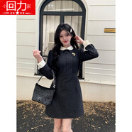 小回力家大碼法式感毛呢連衣裙女春季梨形身材小黑裙胖MM藏肉顯瘦裙子 短款裙 2XL 建議140~160斤