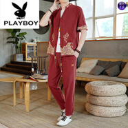 花花公子（PLAYBOY）純棉男套裝夏季短袖中國風休閑復古大碼開衫兩件套潮流男士唐.裝 酒紅色【高品質(zhì)】 XL