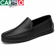 卡帝樂鱷魚（CARTELO）男鞋春夏季男士休閑皮鞋軟面商務(wù)休閑鞋軟底懶人豆豆鞋鏤空皮涼鞋 9975黑色 36