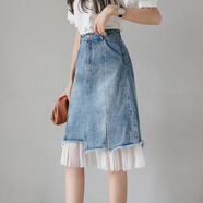 AC-AICHEN2025年春夏新款高腰顯瘦牛仔裙女拼接網(wǎng)紗A字裙包臀中長(cháng)款半身裙 藍色 S