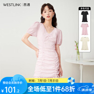 西遇V領(lǐng)泡泡袖連衣裙女2024年早夏新款法式褶皺收腰修身包臀裙子 粉色 L