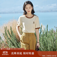 茵曼涼感撞色繡花女裝正肩短袖t恤2025夏季新品打底衫上衣 梨花杏1 S
