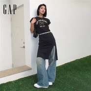 Gap女裝2025夏季新款LOGO抽褶收腰純棉短袖連衣裙運動T恤裙765950 水洗黑 M (165/84A)亞洲尺碼
