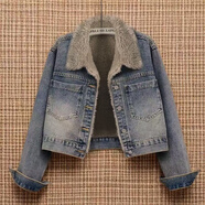 NYIG2024秋冬新款大口袋復古加毛加厚牛仔外套女短款寬松棉襖保暖上衣 復古藍版 加絨 M 95-105斤