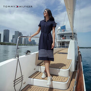 Tommy Hilfiger【條紋裙擺】夏女裝氣質休閑五粒扣收腰顯瘦POLO連衣裙 藏青色 L