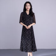 東方佳美DFSL1091時(shí)尚中長(cháng)版小碎花雪紡洋裝2025夏裝女商場(chǎng) 黑粉花 M