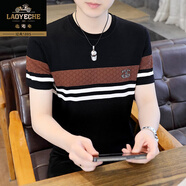 老爺車(chē)短袖t恤男夏季薄款條紋針織圓領(lǐng)潮牌休閑刺繡高端時(shí)尚半袖上衣 黑色 T614 M 90-105斤